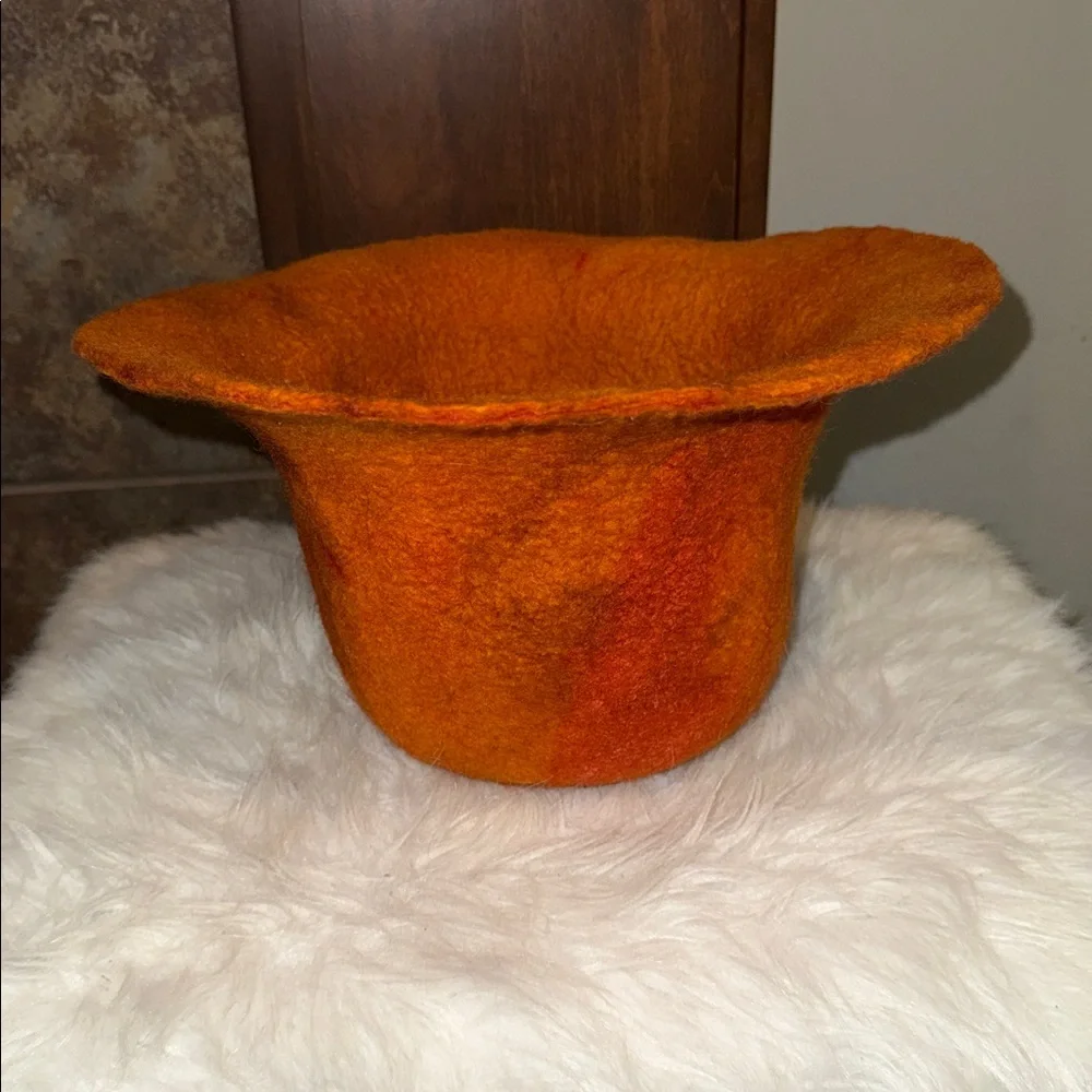 Camilla Krueger Designs orange marbled artisan hand-felted wool sculptural hat
